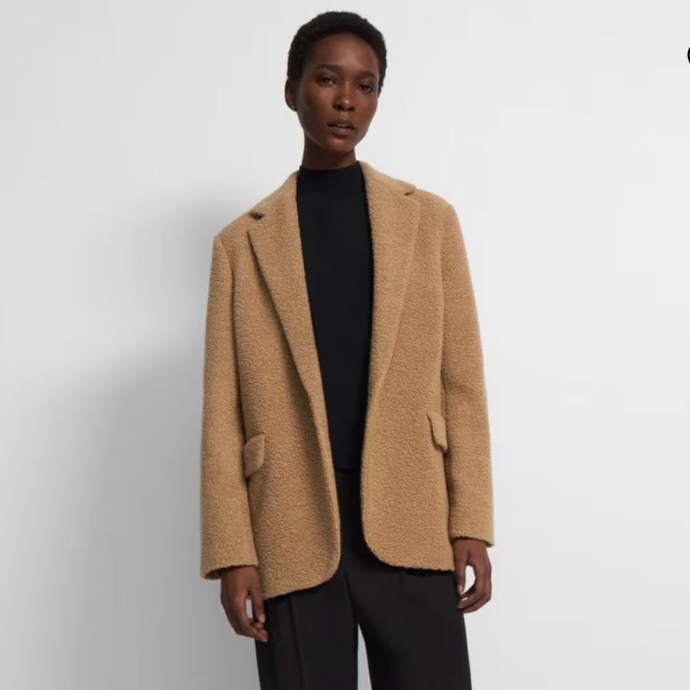 Theory Boucle Teddy Blazer Jacket Coat Wool Blend Women’s 0 XS Winter Fleece Tan